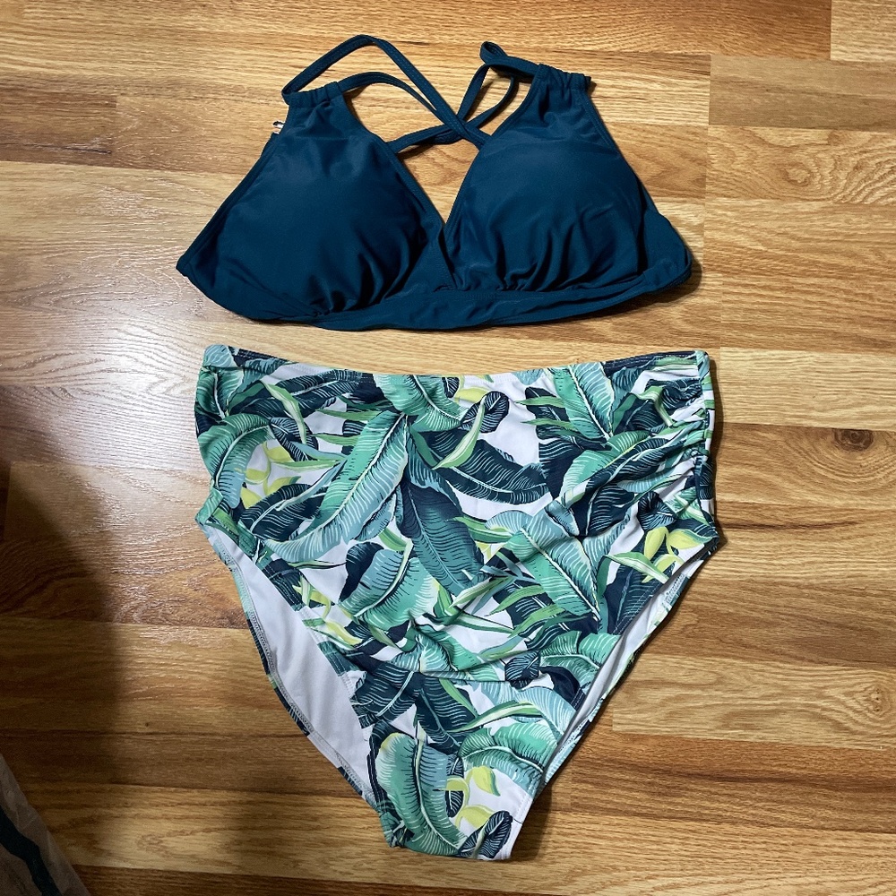 Women Maternity Large 2 Piece Swimsuit Bikini- Tropical Print Bottom Dark Teal B - Picture 1 of 5